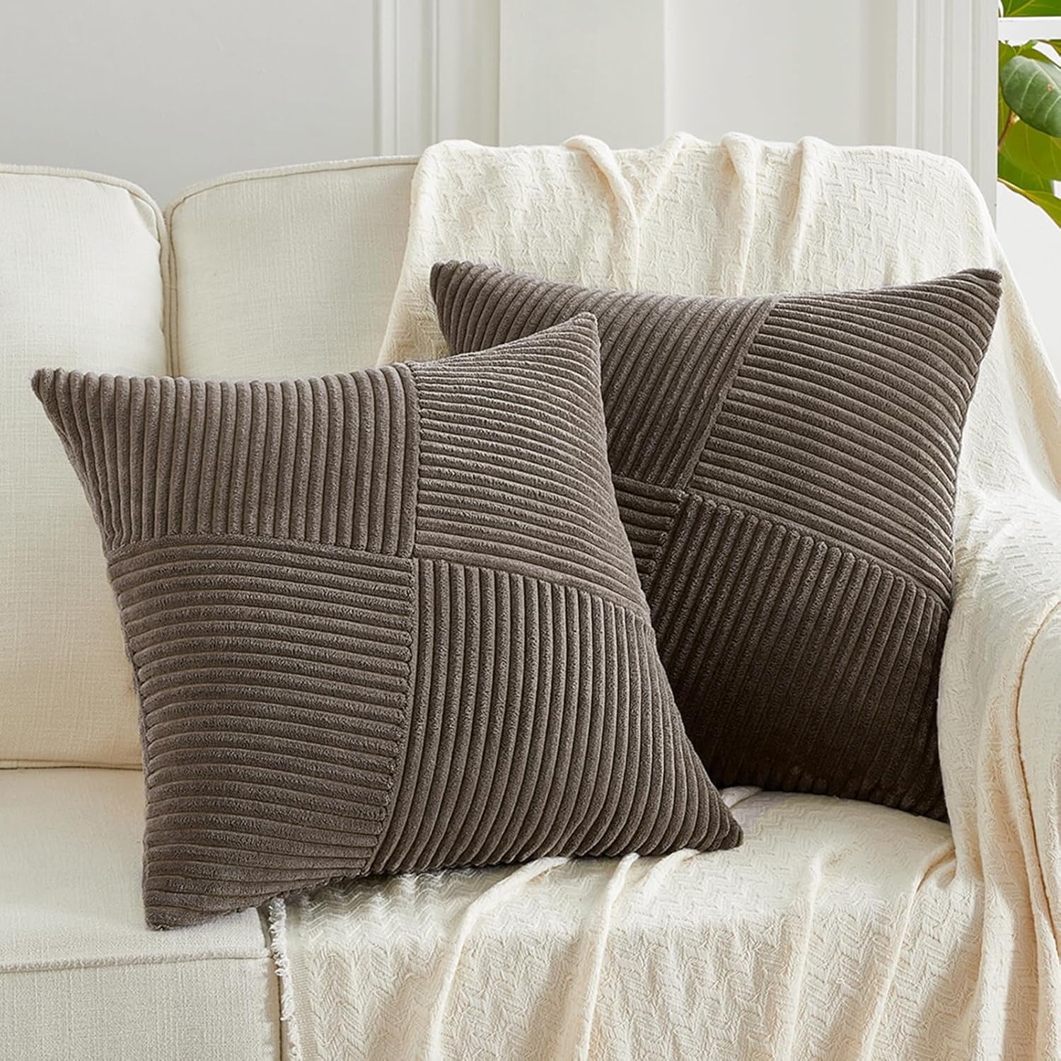 Set of 2 Dark Brown Boho Decorative Throw Pillow Covers 18X18 Inch with Diagonally Pattern for Living Room Couch Bed Sofa, Soft Textured Corduroy Aesthetic Farmhouse Home Decor 45X45 Cm