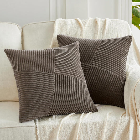 Set of 2 Dark Brown Boho Decorative Throw Pillow Covers 18X18 Inch with Diagonally Pattern for Living Room Couch Bed Sofa, Soft Textured Corduroy Aesthetic Farmhouse Home Decor 45X45 Cm