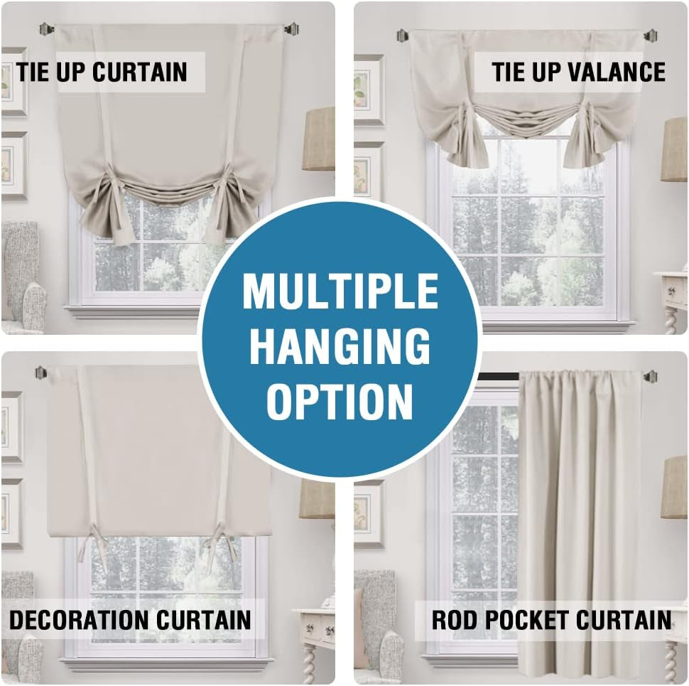 100% Blackout Tie up Curtains for Bathroom Window Thermal Insulated Small Curtains 45 Inches Long Rod Pocket Balloon Shades with Black Liner, Pumice Stone