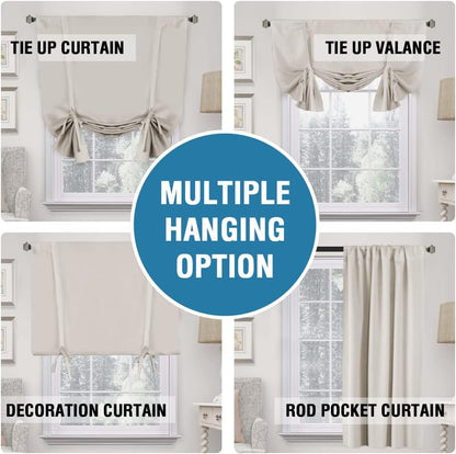 100% Blackout Tie up Curtains for Bathroom Window Thermal Insulated Small Curtains 45 Inches Long Rod Pocket Balloon Shades with Black Liner, Pumice Stone