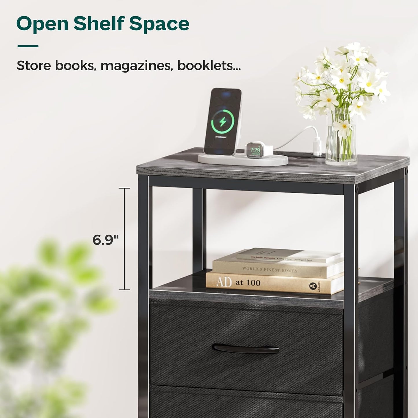 Charcoal Gray Nightstand with Integrated Charging Station, Fabric Drawers, Open Shelf, and USB Ports