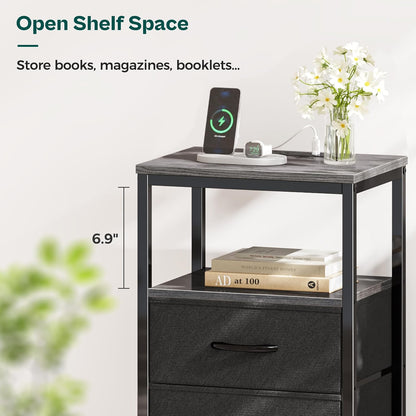 Charcoal Gray Nightstand with Integrated Charging Station, Fabric Drawers, Open Shelf, and USB Ports