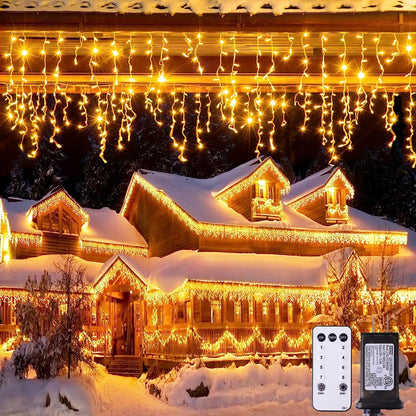 38.8FT Icicle Lights for Outside, 400 LED Icicle Christmas Light Outdoor Indoor Plug In, Warm White Curtain String Lights for Wedding House Patio Party Fireplace Holiday Decorations