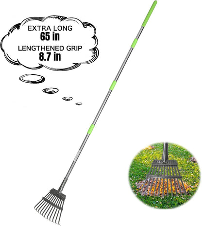 Small Leaf Rake, 8.5 Inch Wide Head with 11 Tines, Metal Garden Rake with Adjustable Handle 38.5 to 65 Inch for Gardening, Leaves, Weeds, Debris