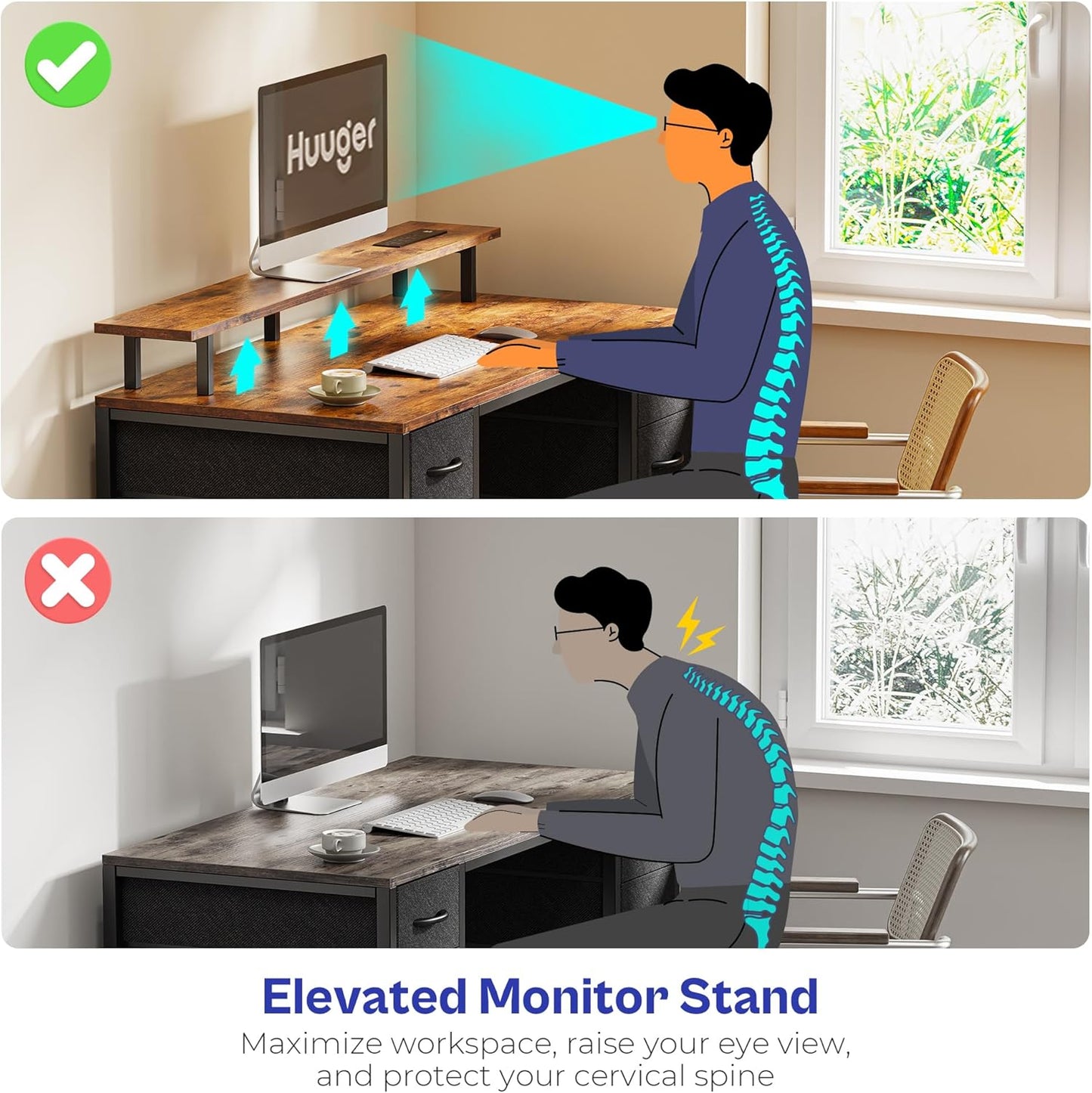 55-Inch Computer Desk with 4 Drawers, LED Lighting, and Power Outlets - Spacious Home Office and Gaming Desk in Rustic Brown Finish