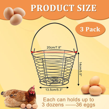 Set of 3 Black 8-Inch Round Wire Egg Baskets with Handle for Collecting Fresh Chicken and Duck Eggs, Ideal Countertop Storage Solution