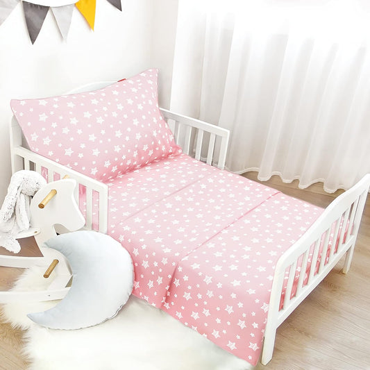 Toddler Bed Sheets for Girls - 3 Piece Set with Flat Sheet, Fitted Sheet, Pillowcase - Soft Breathable Baby Bedding, Pink Star