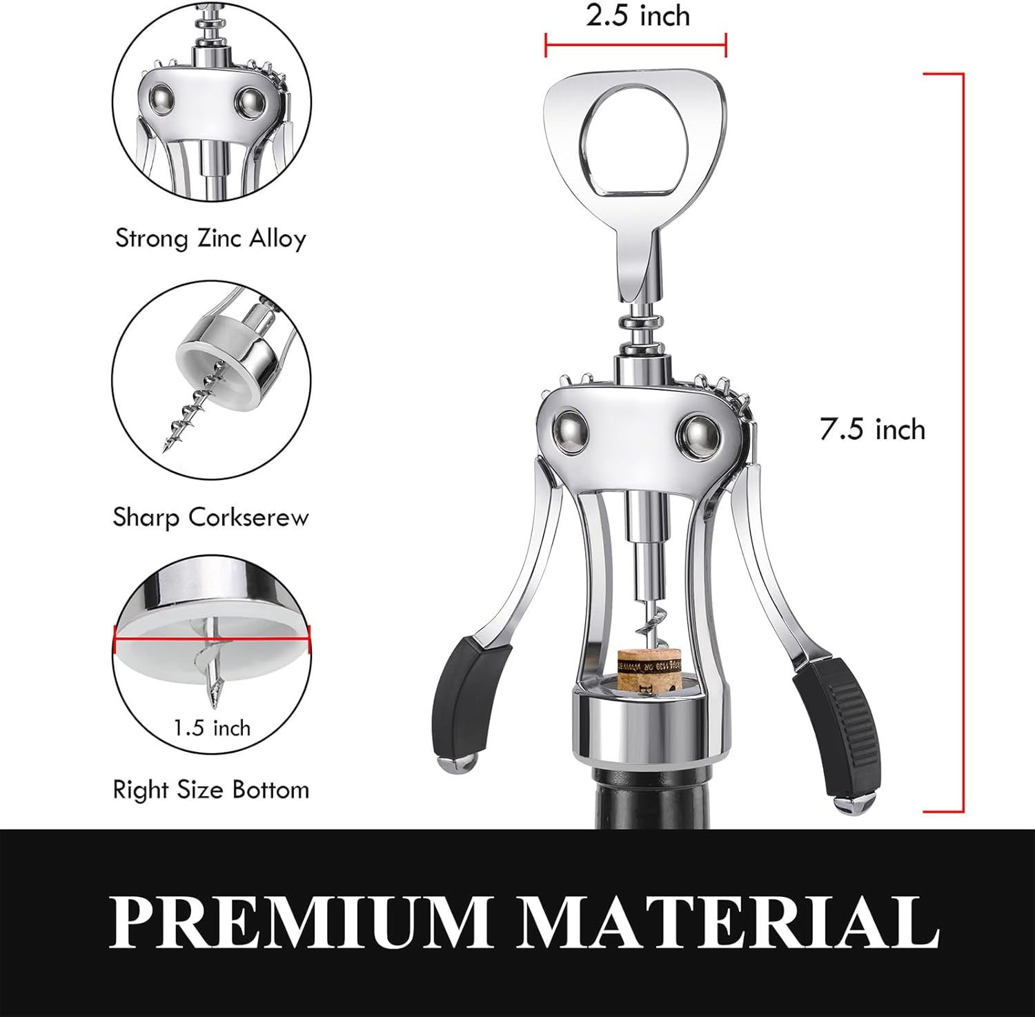 Wine Opener, Heavy-Duty Zinc Alloy Wing Corkscrew, Premium Beer Bottle Opener, Multifunctional Wine Accessories with Ergonomic Handle and Sharp Screw, for Kitchen, Bar, Restaurant, Bartenders