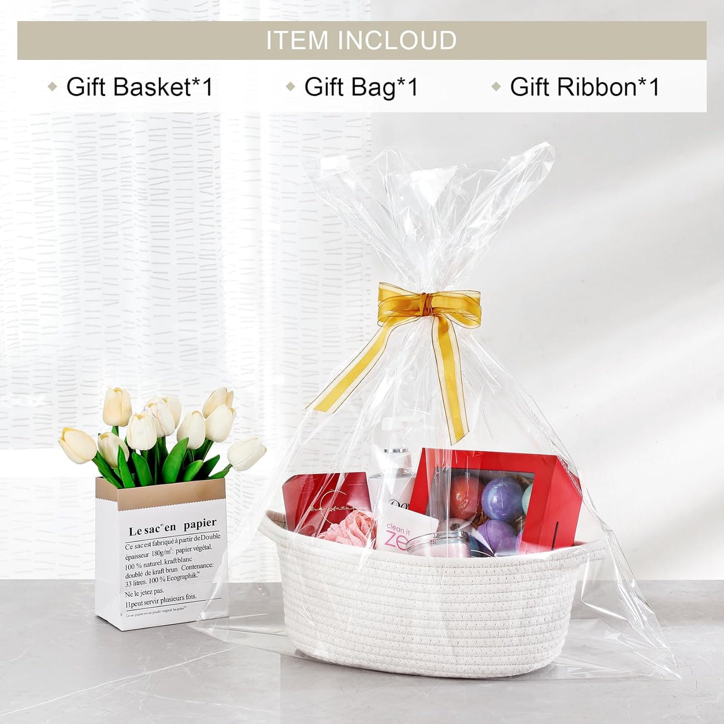 Small Woven Basket with Gift Bags and Ribbons, Empty Decorative Gift Chest Box, Cute Baby Gift Basket for Nursery, Cotton Rope Room Shelf Storage Basket with Handles, 12"X 8"X 5",White