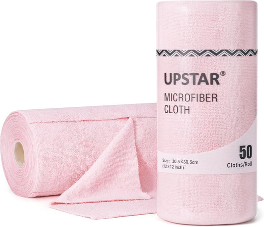 Microfiber Cleaning Cloth, Reusable Paper Towels Rolls, Dish Rags for Washing Dishes, Kitchen, Bathroom, Car, 12X12 Inch, 50 Packs/Roll, Pink