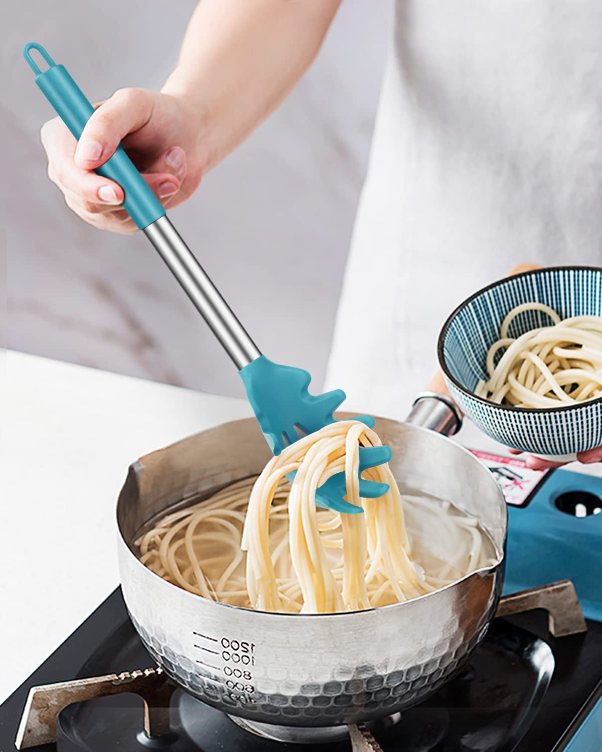 Pack of 2 Silicone Pasta Fork, Kitchen Heat Resistant Noodle Spoon Server, BPA Free Spaghetti Strainer, Best Cooking Tools (GRAY-BLUE)