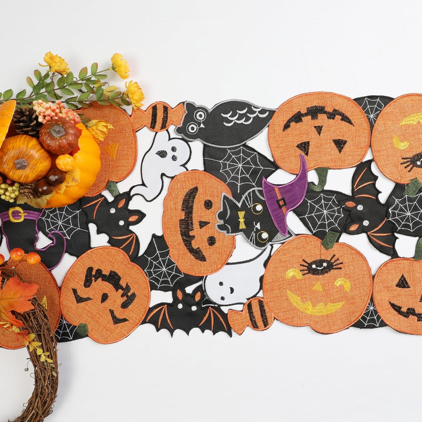 Fall Halloween Table Runner 70 Inches Long, Cutwork Applique Embroidered Pumpkins and Bats Dresser Scarf for Home Dining Holiday Autumn Halloween Thanksgiving Decor, 13 X 70 Inch