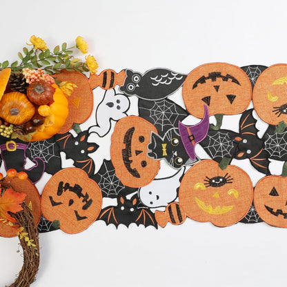 Fall Halloween Table Runner 70 Inches Long, Cutwork Applique Embroidered Pumpkins and Bats Dresser Scarf for Home Dining Holiday Autumn Halloween Thanksgiving Decor, 13 X 70 Inch