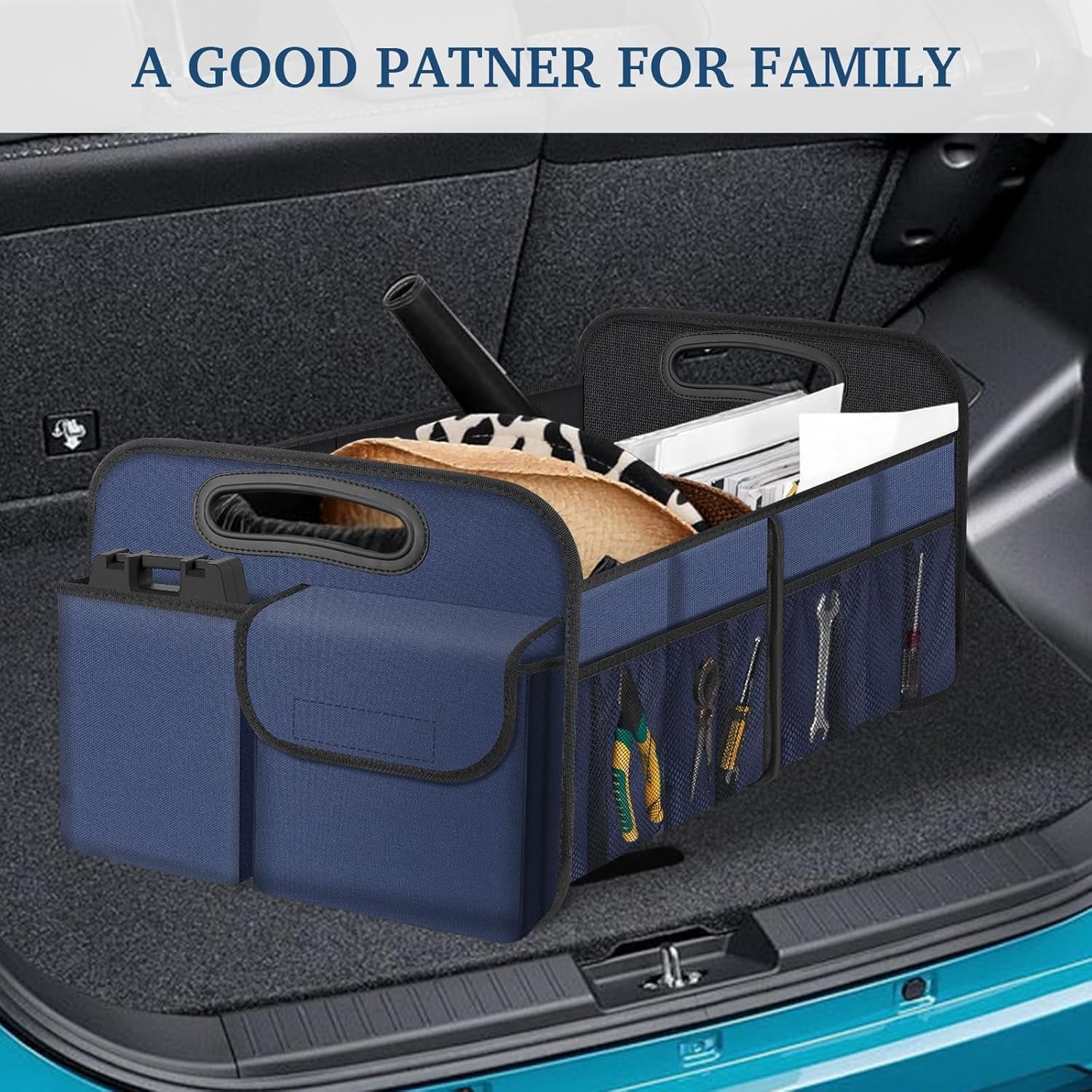Car Trunk Organizer, Collapsible, Waterproof, Non-Slip, Blue, 52L, 5 Compartments, Rectangular, Portable, Practical/Functional