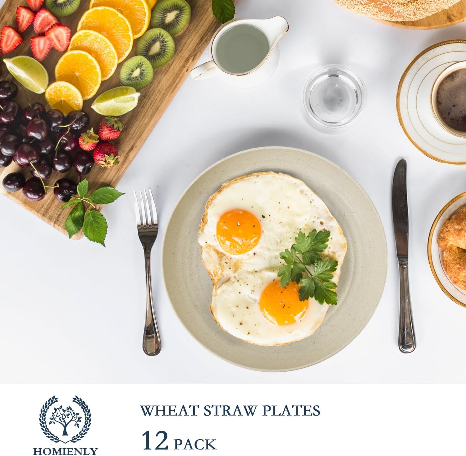 Deep Dinnerware Set of 12 - Eco-Friendly Wheat Straw Plates, Microwave and Dishwasher Safe, Unbreakable for Kids (Beige, 10 Inch)