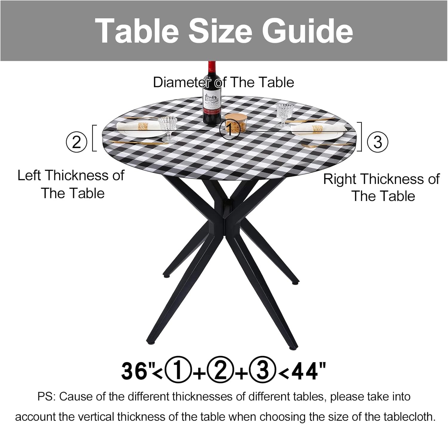 Waterproof Fitted Vinyl Tablecloth, 6FT Table Cover and round 36"-44" in Black and White, 2 Item Bundle