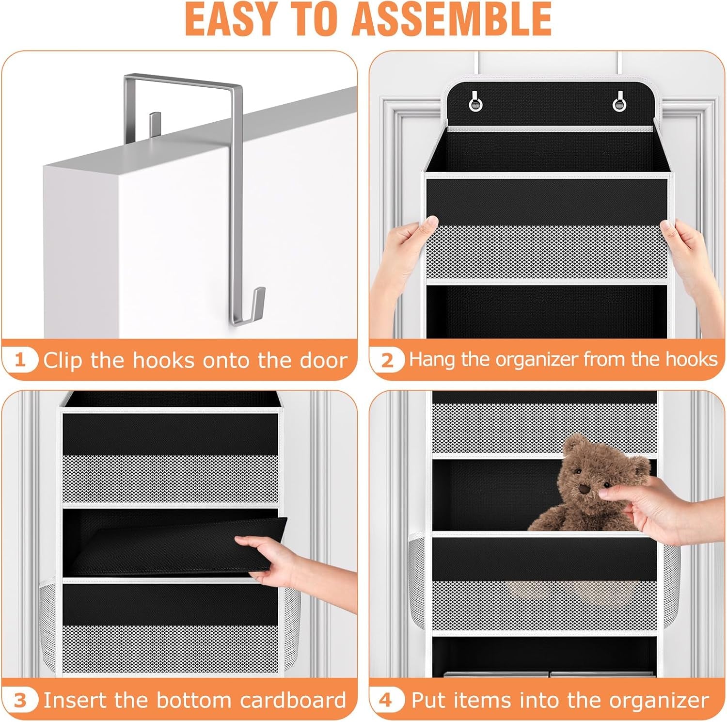 over the Door Organizer Storage 4 Shelves Large Capacity Hanging Bedroom Storage Solution with 6 Side Pockets for Dorm Bathroom Pantry Nursery and Baby Essentials Holds up to 40 Lbs (Black)