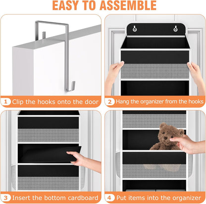 over the Door Organizer Storage 4 Shelves Large Capacity Hanging Bedroom Storage Solution with 6 Side Pockets for Dorm Bathroom Pantry Nursery and Baby Essentials Holds up to 40 Lbs (Black)