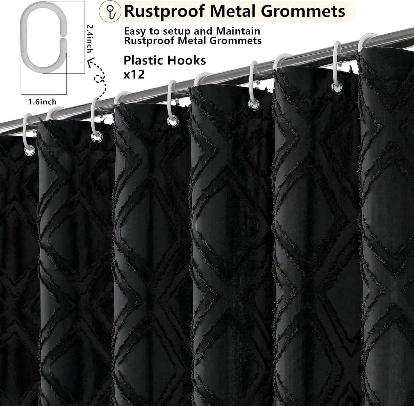 Black Shower Curtain Set for Bathroom, 36 “ Width Stall Small Boho Shower Curtain with 12 Hooks, Soft Lightweight Jacquard Design Fabric Shower Curtain, Machine Washable, Black, 36 W X 72 L