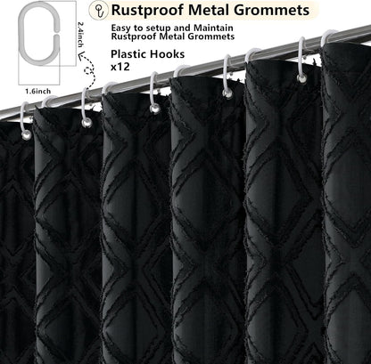 Black Shower Curtain Set for Bathroom, 36 “ Width Stall Small Boho Shower Curtain with 12 Hooks, Soft Lightweight Jacquard Design Fabric Shower Curtain, Machine Washable, Black, 36 W X 72 L