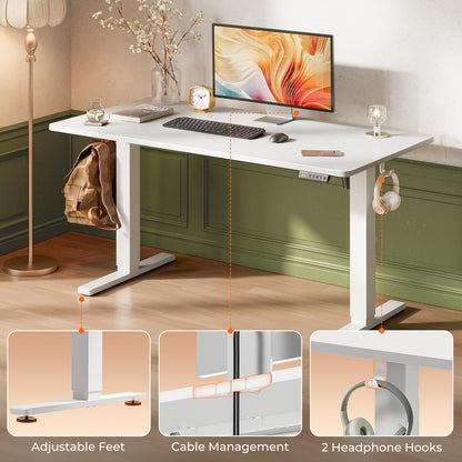 55" x 28" Large Electric Height Adjustable Standing Desk, 27.6" Deep Desktop, Ergonomic Gaming and Office Table with 2 Hooks and 3 Preset Heights, Ideal for Home Office, White