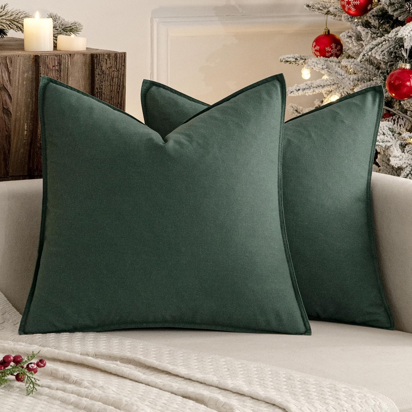Pack of 2 Christmas Decorative Linen Pillow Covers Boho Farmhouse Modern Soft Accent Throw Pillows Neutral Cushion Covers for Sofa Couch Bed Living Room Home Decor, 18X18 Inch Dark Green