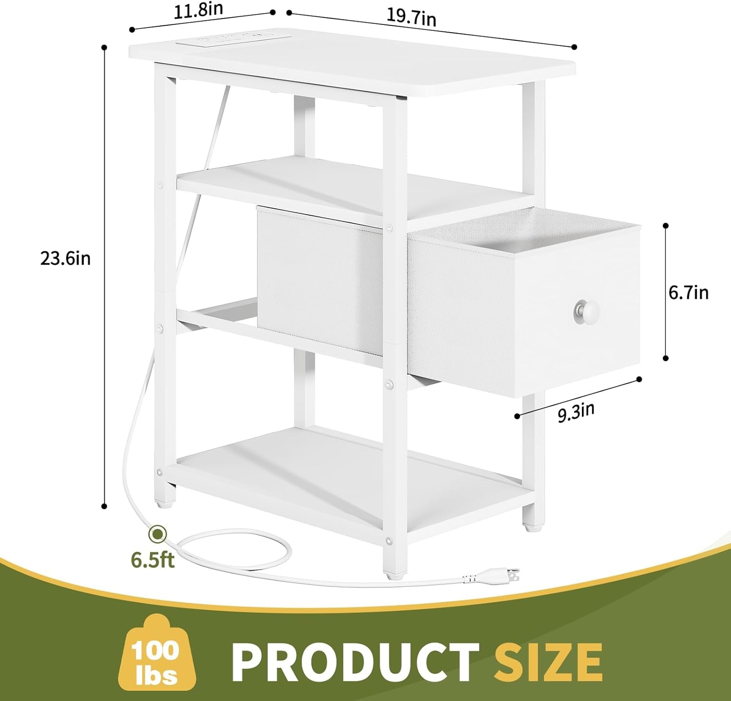 End Table with Charging Station, Narrow Side Table with Adjustable Fabric Drawer, 3-Tier End Tables Living Room, Small Nightstand with Outlets, LED Skinny Night Stand for Bedroom Small Spaces