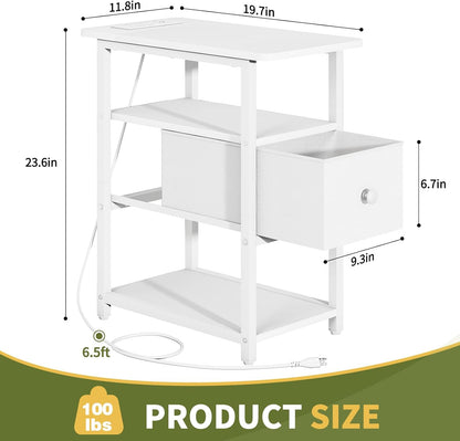 End Table with Charging Station, Narrow Side Table with Adjustable Fabric Drawer, 3-Tier End Tables Living Room, Small Nightstand with Outlets, LED Skinny Night Stand for Bedroom Small Spaces