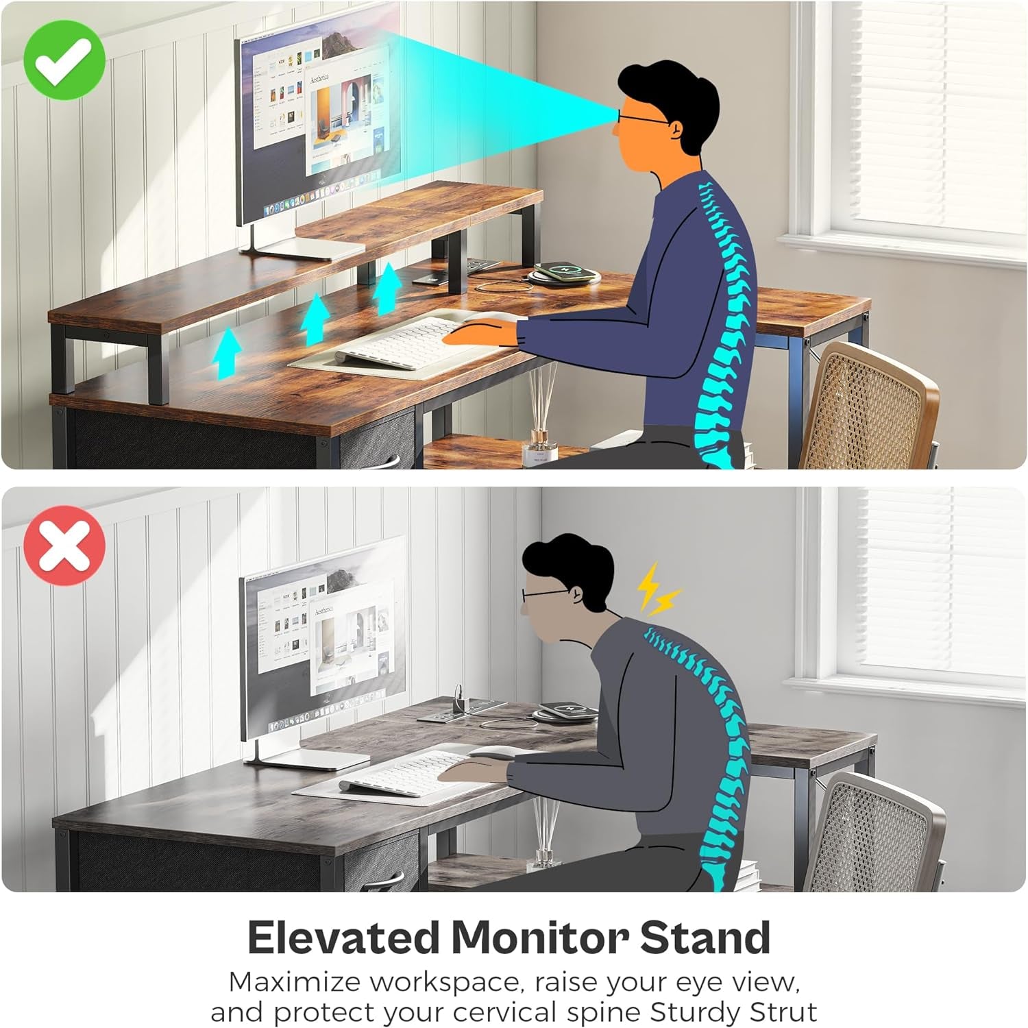 47-Inch Reversible L-Shaped Desk with LED Lighting and Power Outlets, Featuring Shelves, Monitor Stand, Drawer, and Rustic Brown Finish for Home Office and Gaming Use