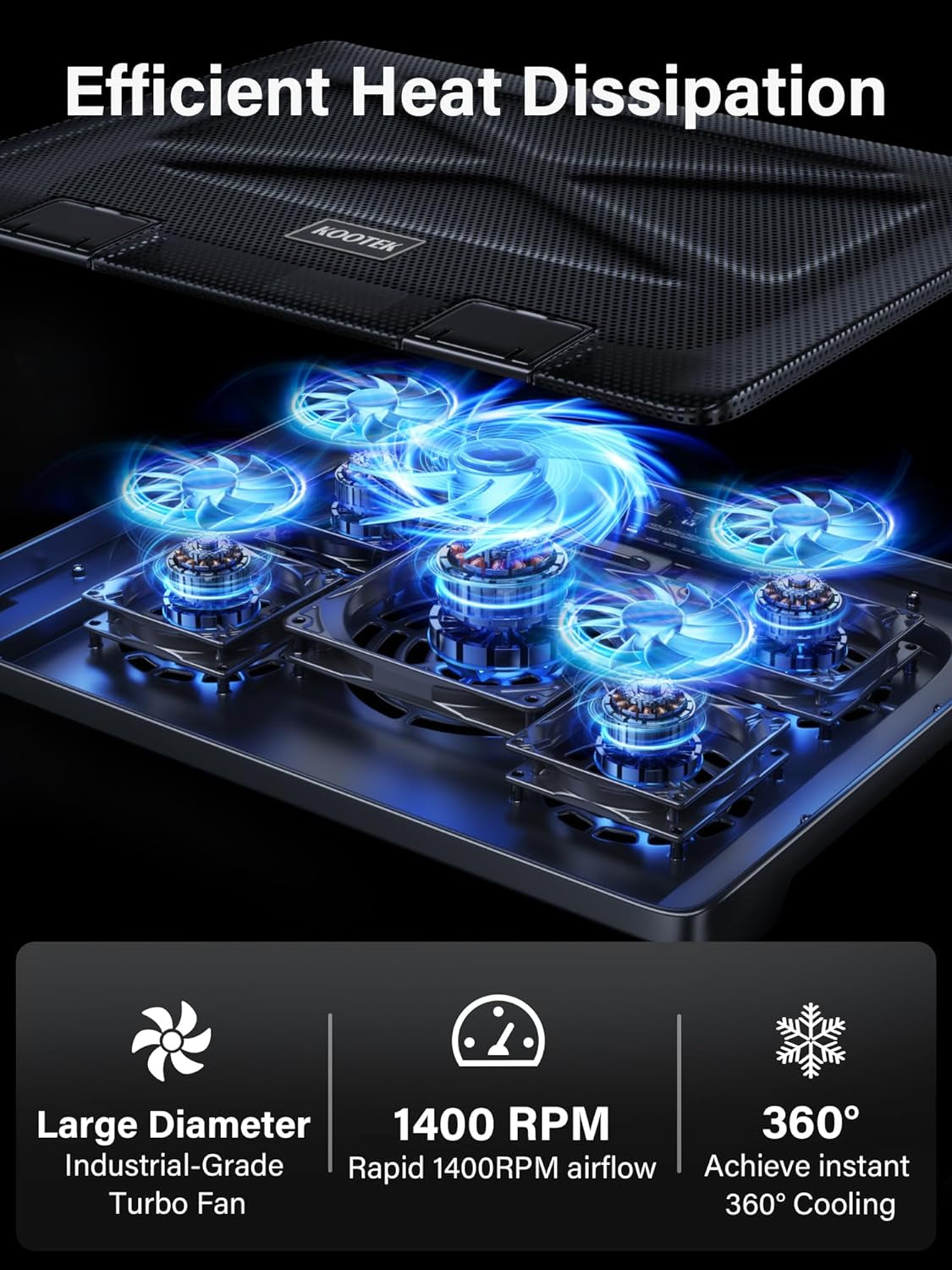 Laptop Cooling Pad, Laptop Cooler with 5 Quiet Fans for 12"-17" Computer PC Notebook Gaming Laptop Fan, Height Adjustable Laptop Cooling Stand Laptop Accessories, Blue