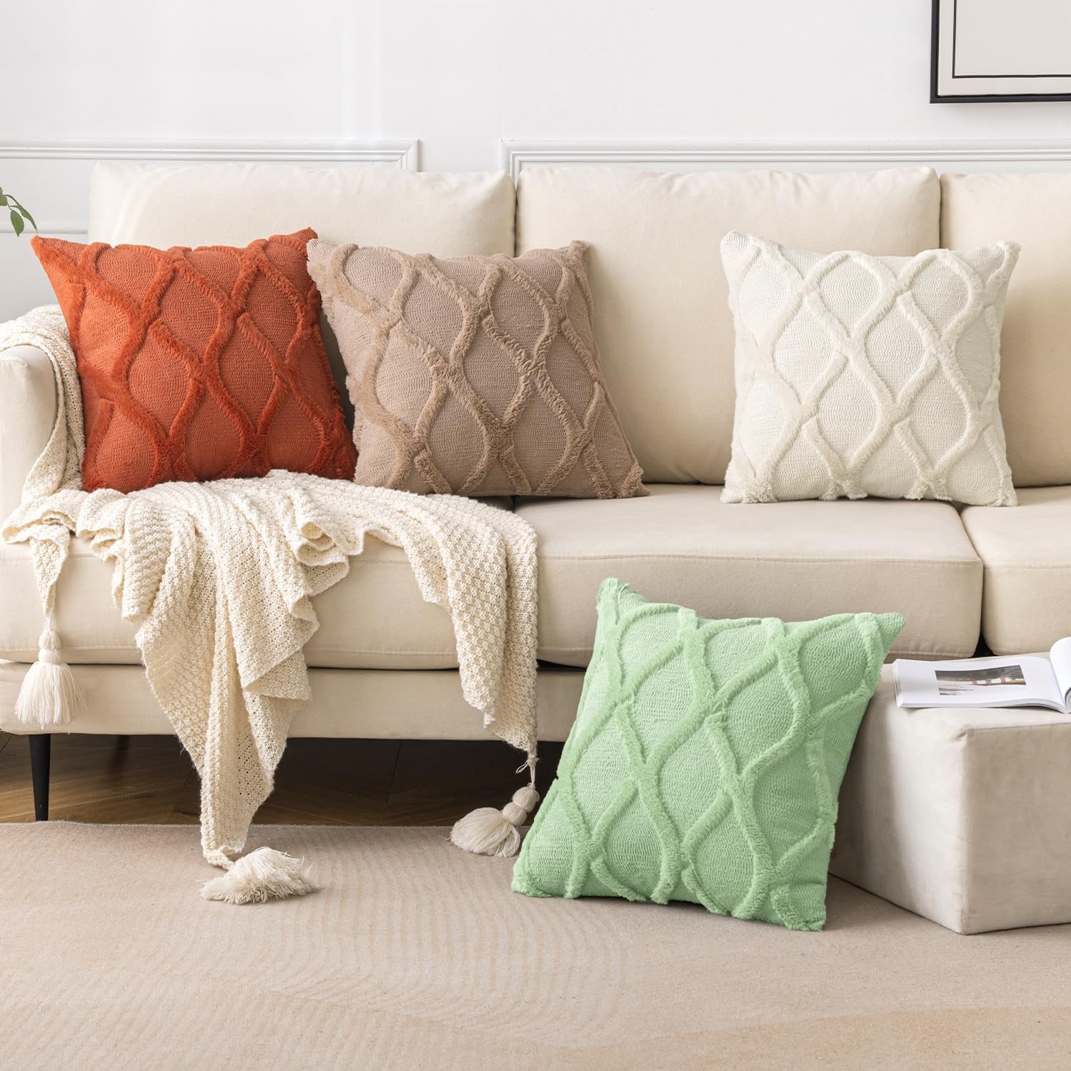 Spring Decorative Throw Pillow Covers Beige 18X18 Inch Set of 2, Soft Plush Faux Wool Couch Cushion Covers Farmhouse Throw Pillows for Couch Bed Sofa Living Room