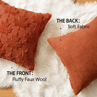 Fall Autumn Throw Pillow Covers 18X18 Burnt Orange Set of 2 Thanksgiving Decorative Solid Maple Leaf Accent Pillow Cases Soft Plush Faux Wool for Home Decor Holiday Outdoor Porch Bedroom