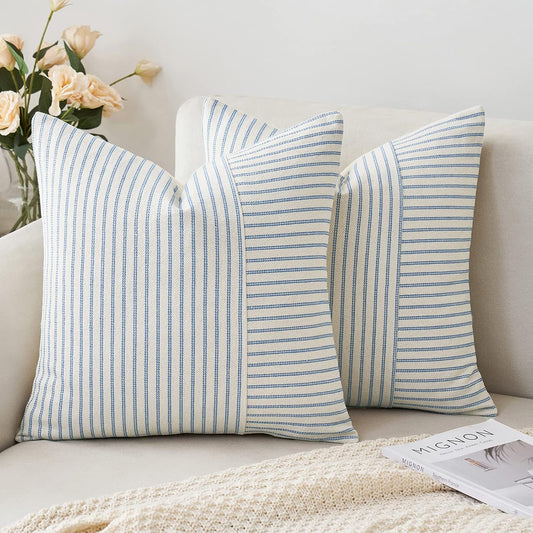 Light Blue and Beige Patchwork Farmhouse Pillow Covers 18X18 Inch, Pack of 2 Striped Linen Spring Decorative Modern Accent Pillow Cases for Sofa Couch Bedroom