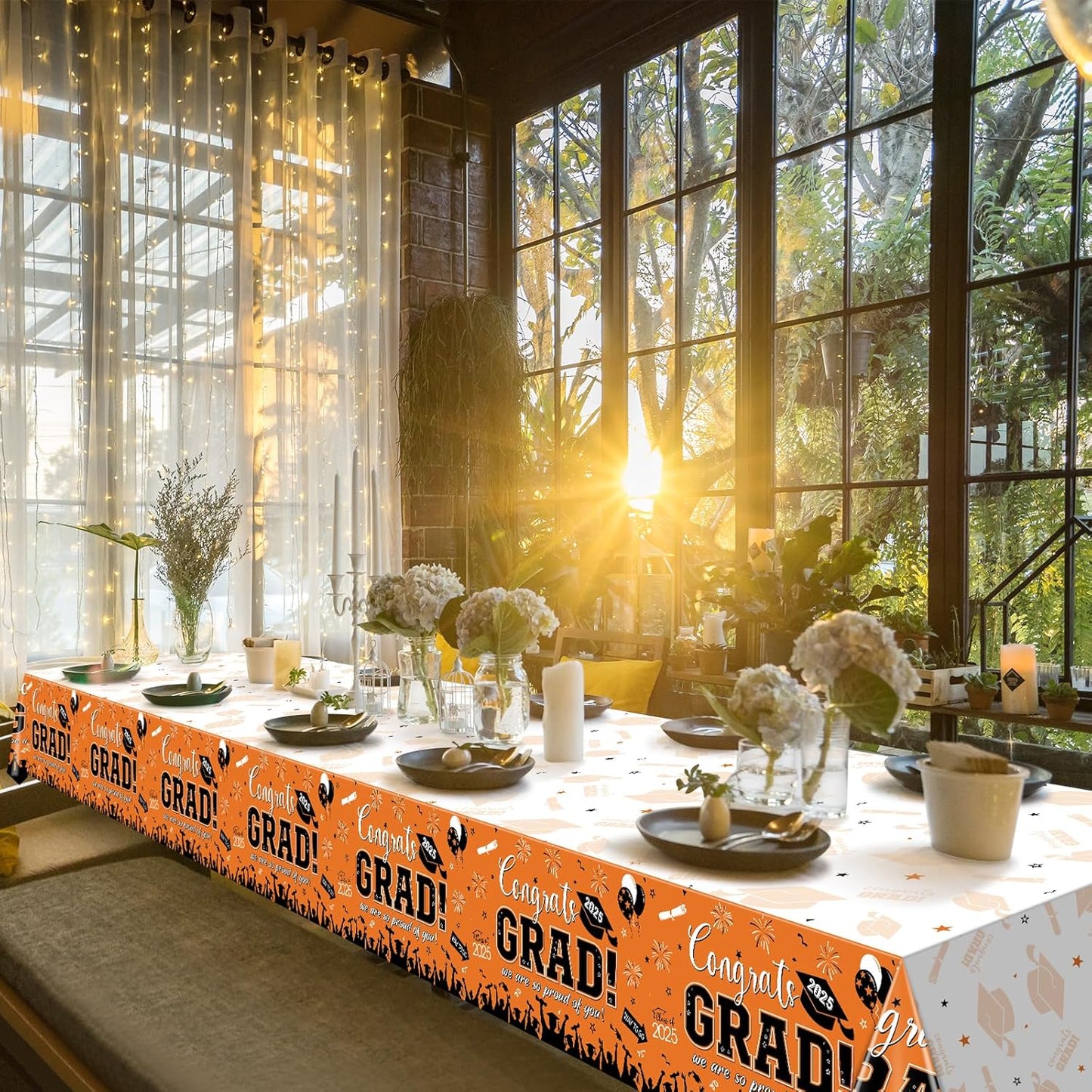 12Pack Graduation Tablecloth Party Decorations, Class of 2025 Congrats Grad Plastic Tablecover Party Supplies, Orange Rectangle Graduation Table Decorations for College High School Party, 54 X 108Inch