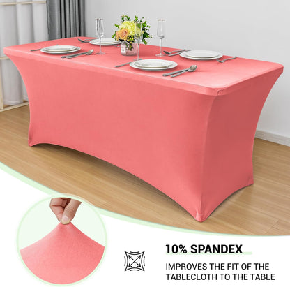 6Ft Stretch Spandex Table Cover for Standard Folding Tables - Universal Rectangular Fitted Tablecloth Protector for Wedding, Banquet and Party, 72L X 30W X 30H Inches, Coral Red, 2Pc
