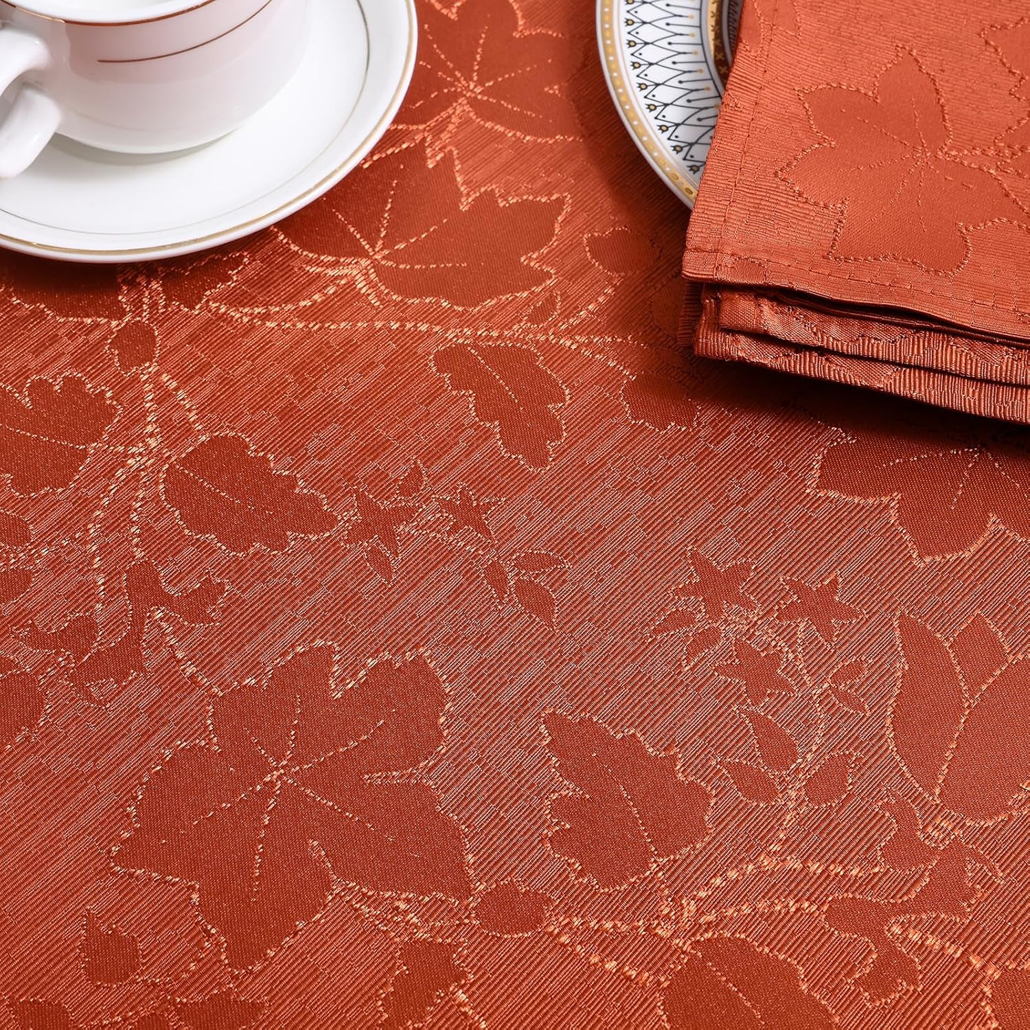 Rectangle Thanksgiving Tablecloth, Waterproof Jacquard Fall Table Cloth, Damask Cloth Table Cover for Harvest Decor (60" X 84", Rust Maple Leaf)