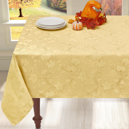 Rectangle Thanksgiving Tablecloth, Waterproof Jacquard Fall Table Cloth, Damask Cloth Table Cover for Harvest Decor (60" X 102", Yellow Maple Leaf)