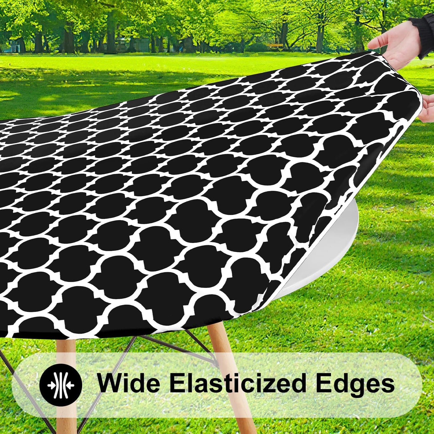 round Picnic Tablecloth, Waterproof Elastic Fitted Table Covers for 36" - 44" Tables, Wipeable Flannel Backed Vinyl Tablecloths for Camping, Indoor, Outdoor, Black & White