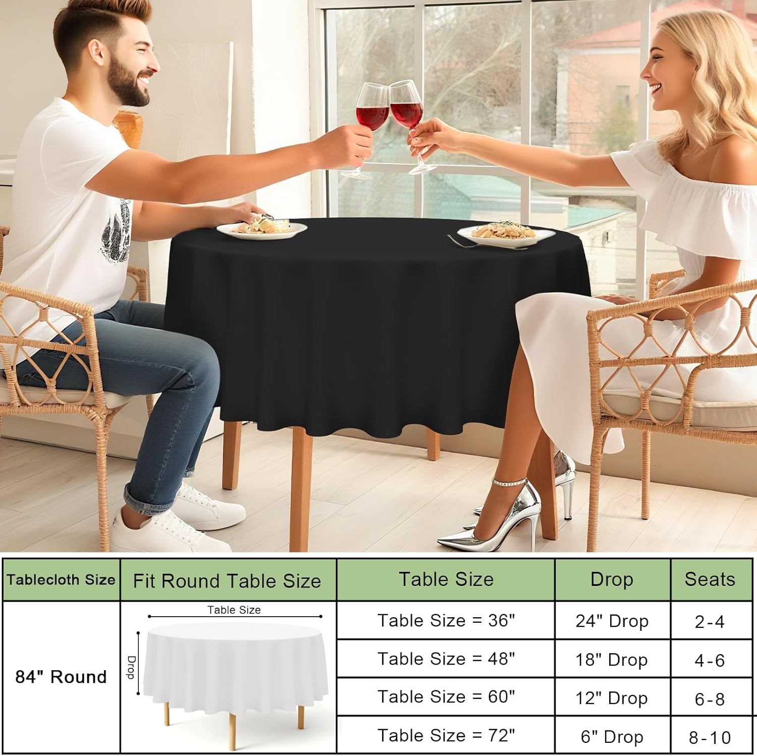 8 Packs Disposable Plastic Table Cloth, 84" round Waterproof Tablecloth, Leakproof & Sturdy Decorative Table Covers for Picnic, Party and Outdoor, Black