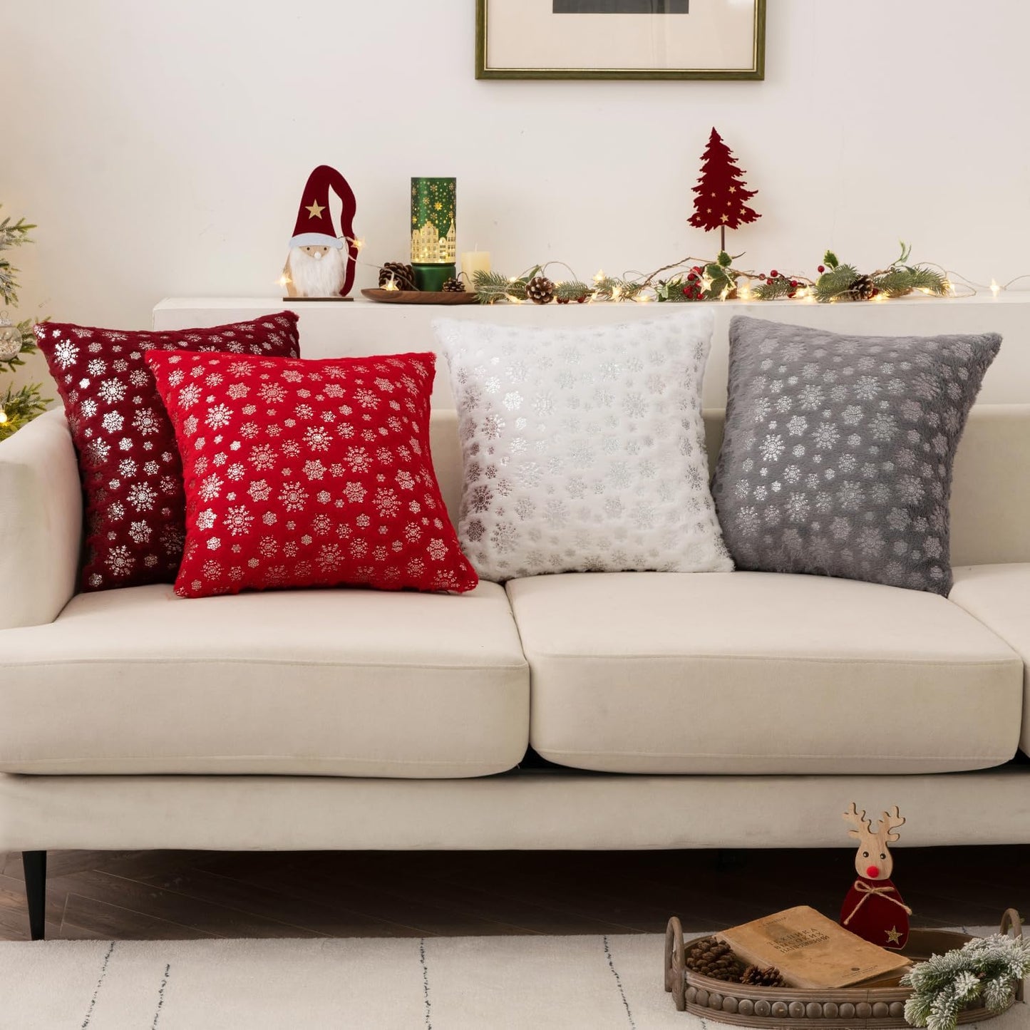 Christmas Red Throw Pillow Covers Set of 2 Snowflakes Decorative Winter Couch Pillowcases 18×18 Inch Soft Plush Faux Fur Farmhouse Home Holiday Festival Decors for Sofa Living Room Bed