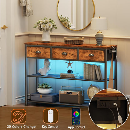 Console Table with Charging Station & 3 Fabric Drawers, 38'' Entryway Table with Storage Shelves and LED Light for Entry Way, Industrial Display Shelf for Hallway, Foyer, Rustic Brown