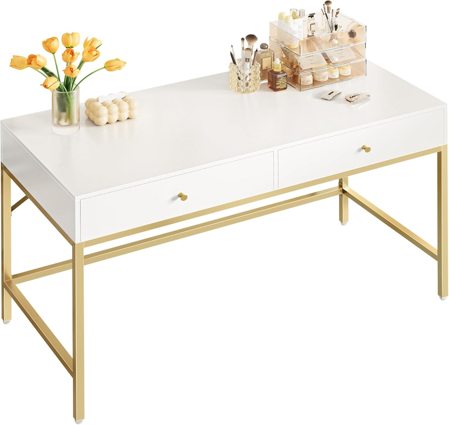 Modern 47-Inch Vanity Desk with Drawers - White and Gold Makeup Dressing Table and Home Office Desk