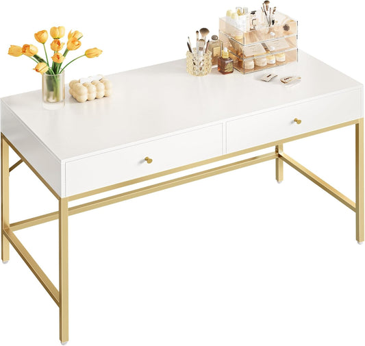 Modern 47-Inch Vanity Desk with Drawers - White and Gold Makeup Dressing Table and Home Office Desk