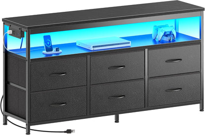 LED TV Stand for Bedrooms and Living Rooms, 47-Inch Dresser with Storage for 43, 50, and 55-Inch TVs, Black Entertainment Center with Power Outlets and 6 Drawer Fabric Dresser