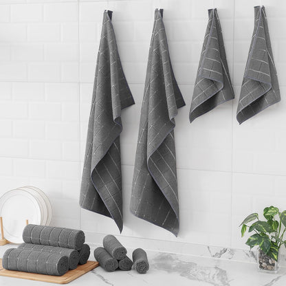 Microfiber Kitchen Towels and Dishcloths Set, 12 Pack Soft and Absorbent Dish Hand Towels Bulk, 28 X 16 Inch & 12 X 12 Inch Quick Drying Rags for Washing Dishes, Grey