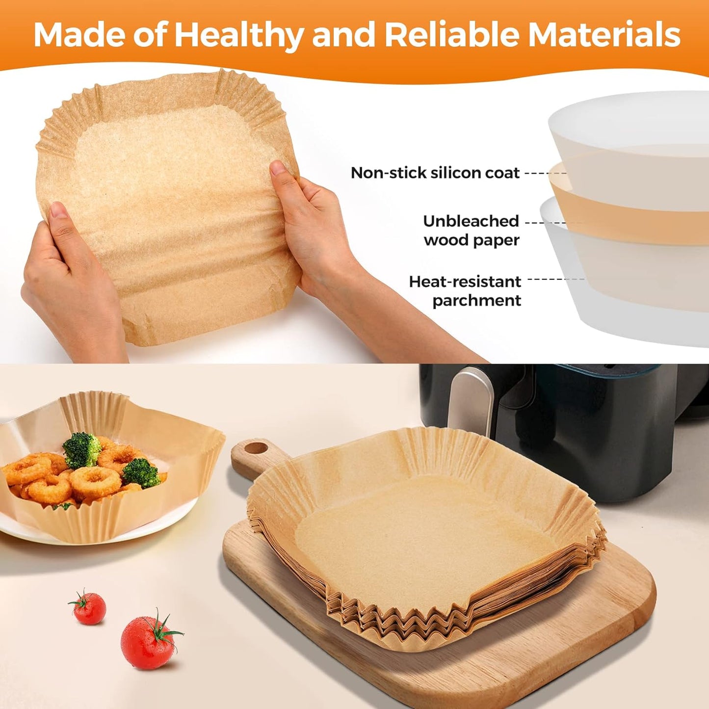 Air Fryer Liners Disposable, 100 PCS Non-Stick Air Fryer Paper Liners, Waterproof and Oilproof for Easy Cleanup, 8" Square Unbleached Parchment Paper for 5-8 QT Air Fryer, Baking, Microwave, Oven