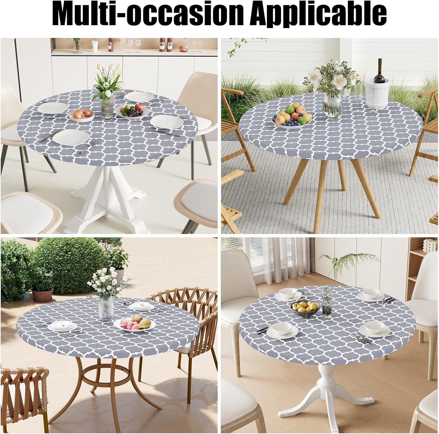 round Picnic Tablecloth, Waterproof Elastic Fitted Table Covers for 36" - 44" Tables, Wipeable Flannel Backed Vinyl Tablecloths for Camping, Indoor, Outdoor, Grey & White