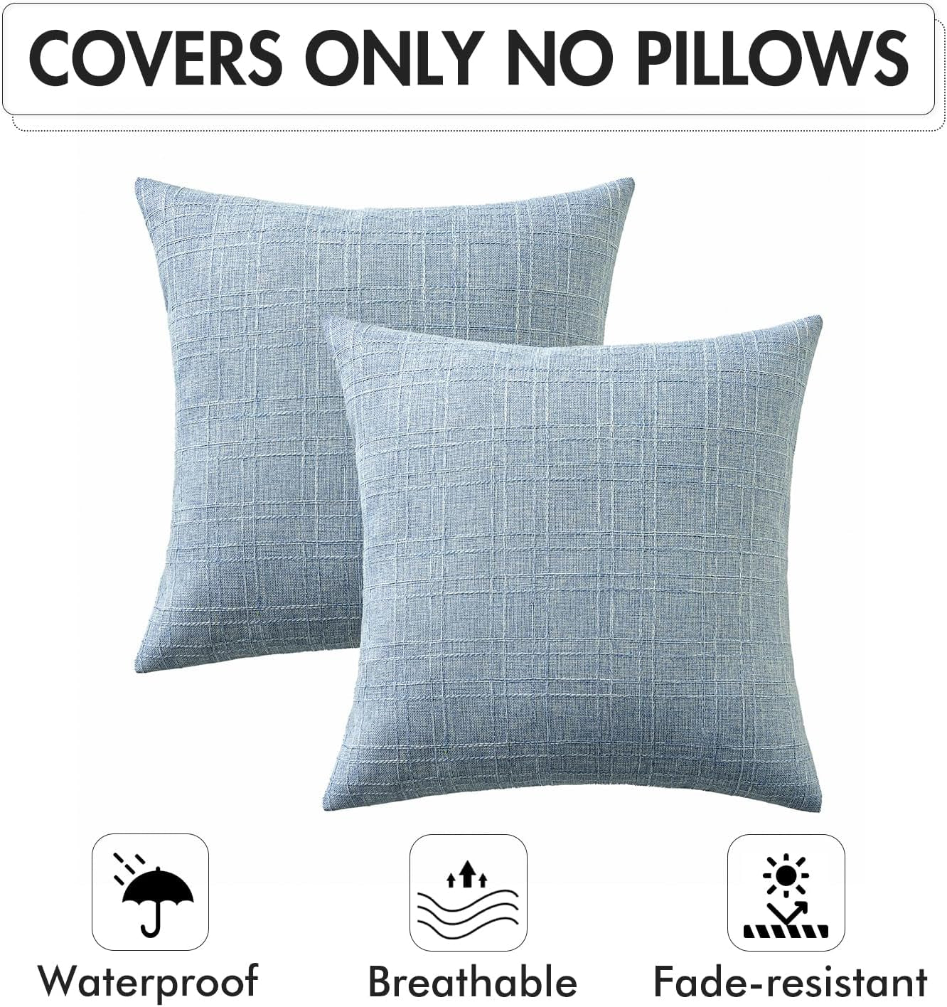 Outdoor Waterproof Throw Pillow Covers Decorative Farmhouse Water Resistant Cushion Covers for Tent Patio Garden Couch Sofa Pack of 2, 20X20 Inch Light Blue