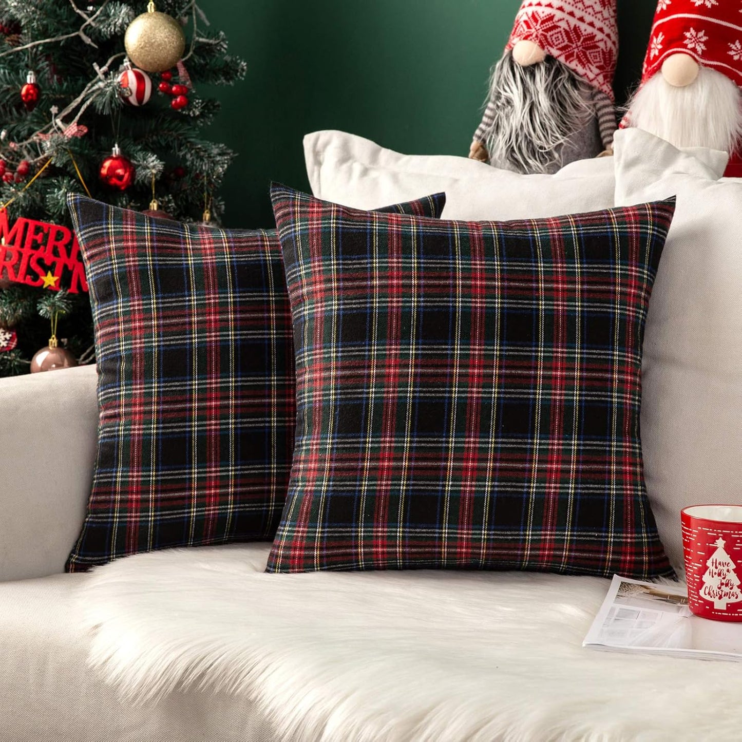 Christmas Set of 2 Scottish Tartan Plaid Throw Pillow Covers Farmhouse Classic Decorative Outdoor Square Cushion Cases for Decor Sofa Couch 18X18 Inch, Dark Blue