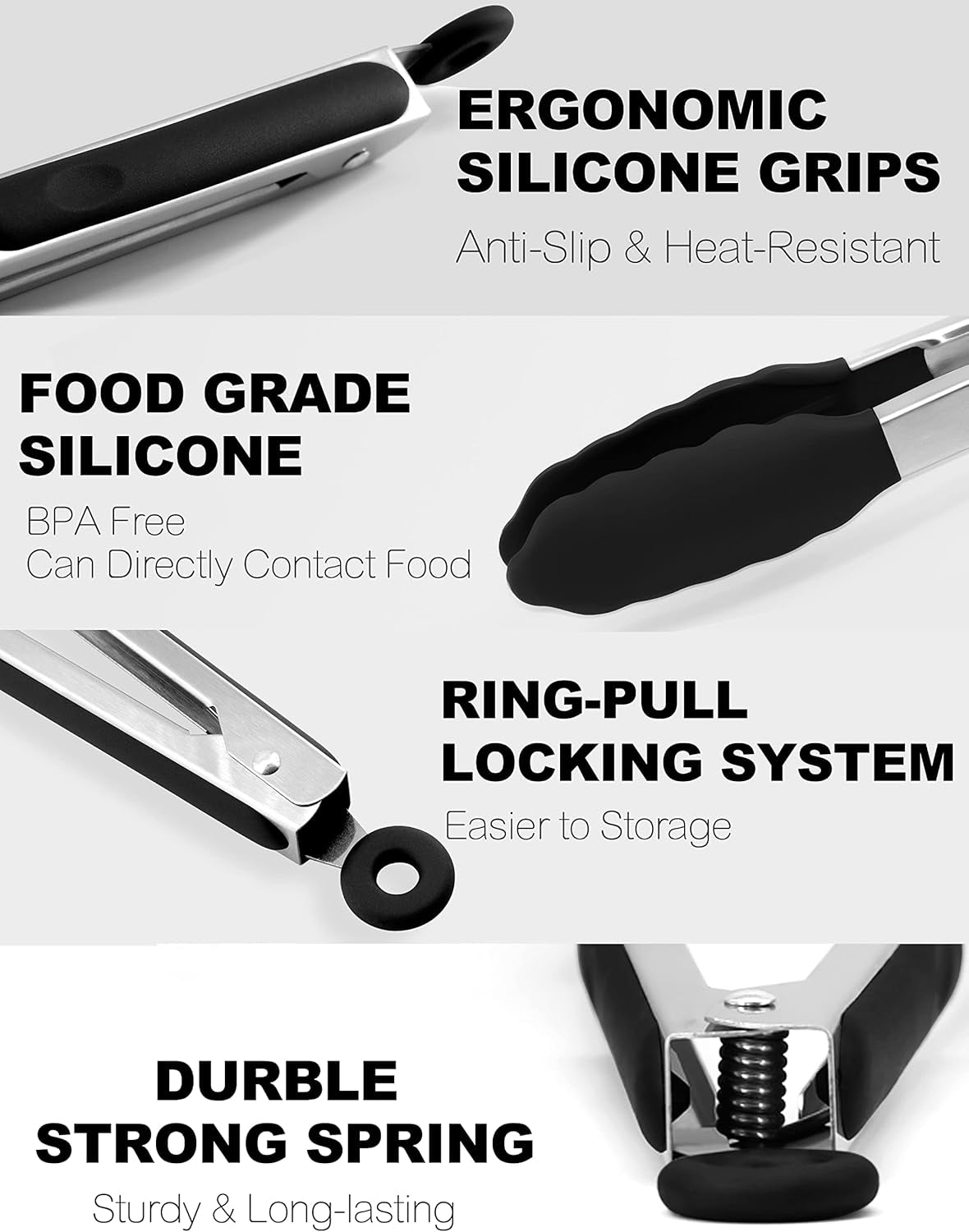 Non-Stick Silicone Locking Tong - Stainless Steel 7" Mini Kitchen Food Tongs with Non-Slip Silicone Tips and Grip for Cooking, Baking and BBQ - Heat Resistant up to 480°F (Black)